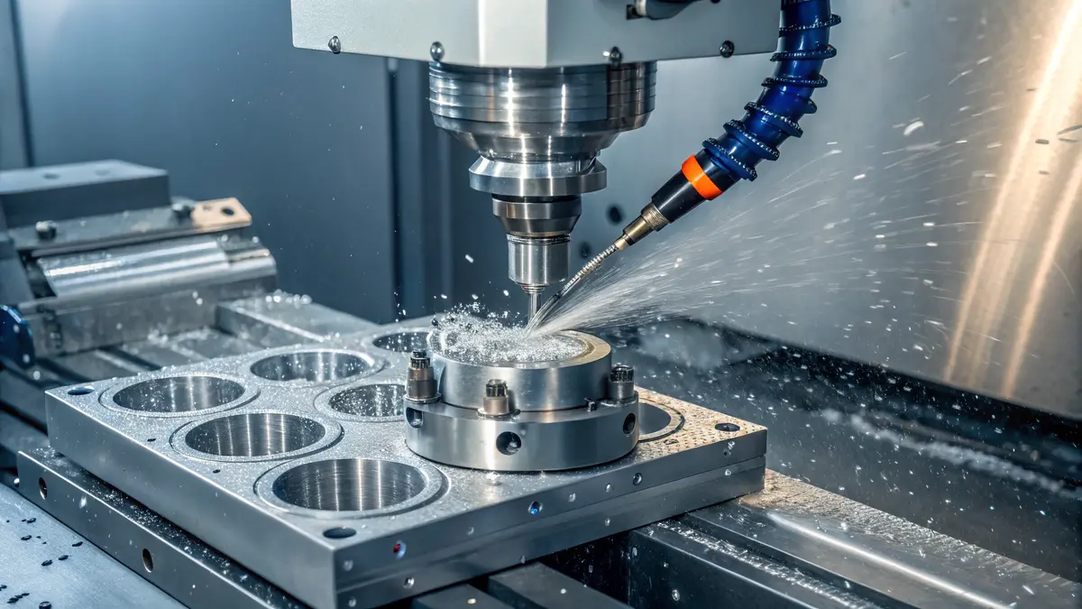 High-precision CNC milling machine cutting metal with coolant spray