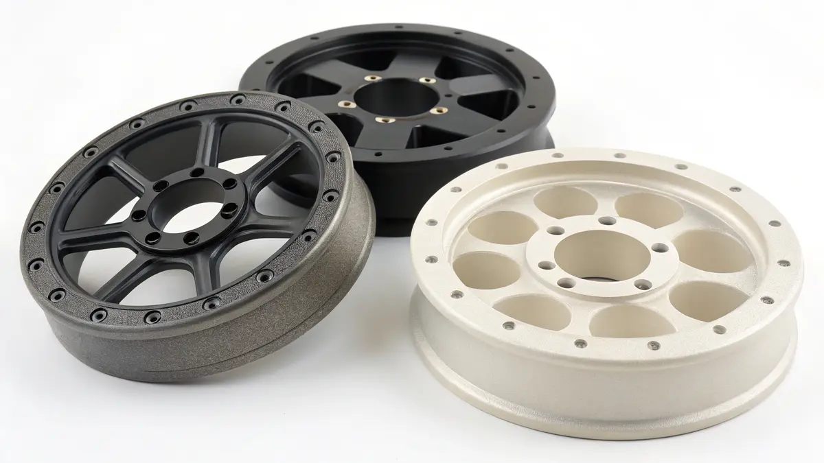 Three CNC machined wheel rims in different finishes