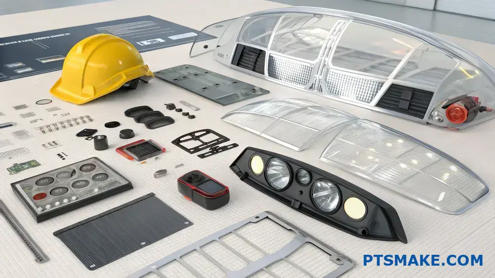 Various automotive components and parts laid out on a table