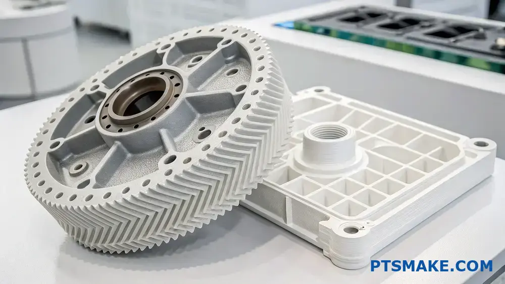 Nærbillede af præcisions-CNC-bearbejdede metal- og plastkomponenter