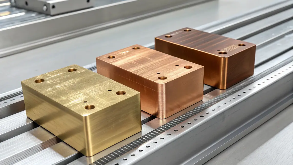 Three precision machined metal blocks on an industrial surface