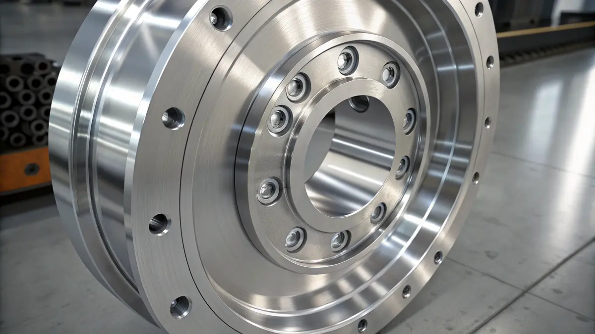High-precision CNC machined metal part with a polished surface and bolt patterns