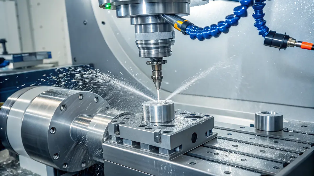 ماكينة CNC تنتج مكونات دقيقة من الفولاذ المقاوم للصدأ باستخدام عمليات قطع المعادن وممارسات التصنيع المستدامة