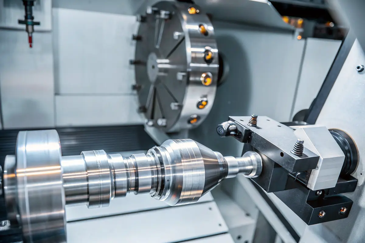 Close-Up Of CNC Lathe Machine Working On Metal Part