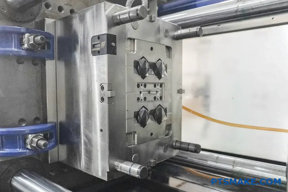 Nærbillede af et præcisionssprøjtestøbeværktøj med indviklede detaljer.