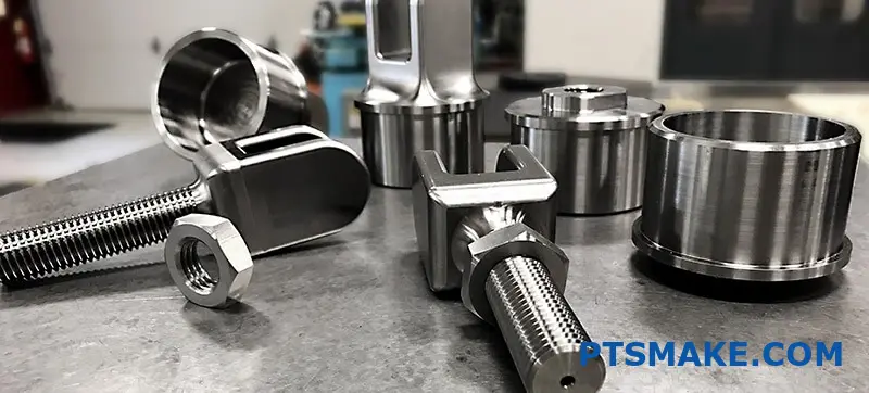 Close-up of various high-quality CNC machined metal parts