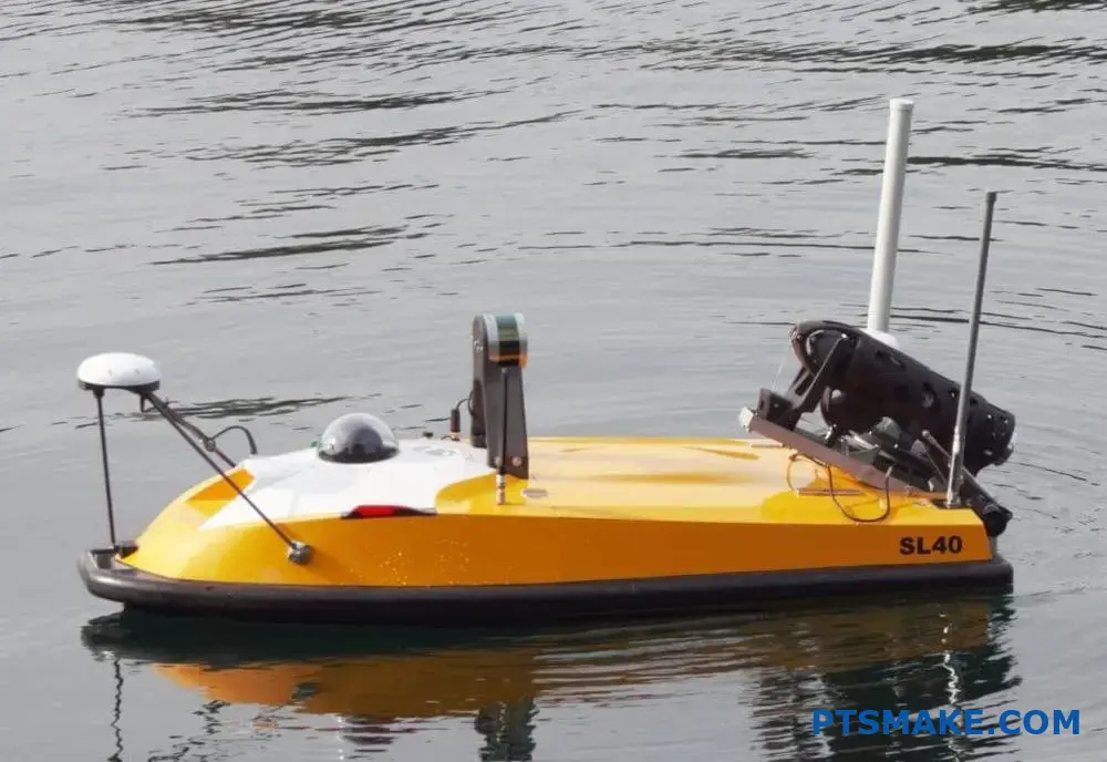 A yellow autonomous watercraft navigating on calm water.