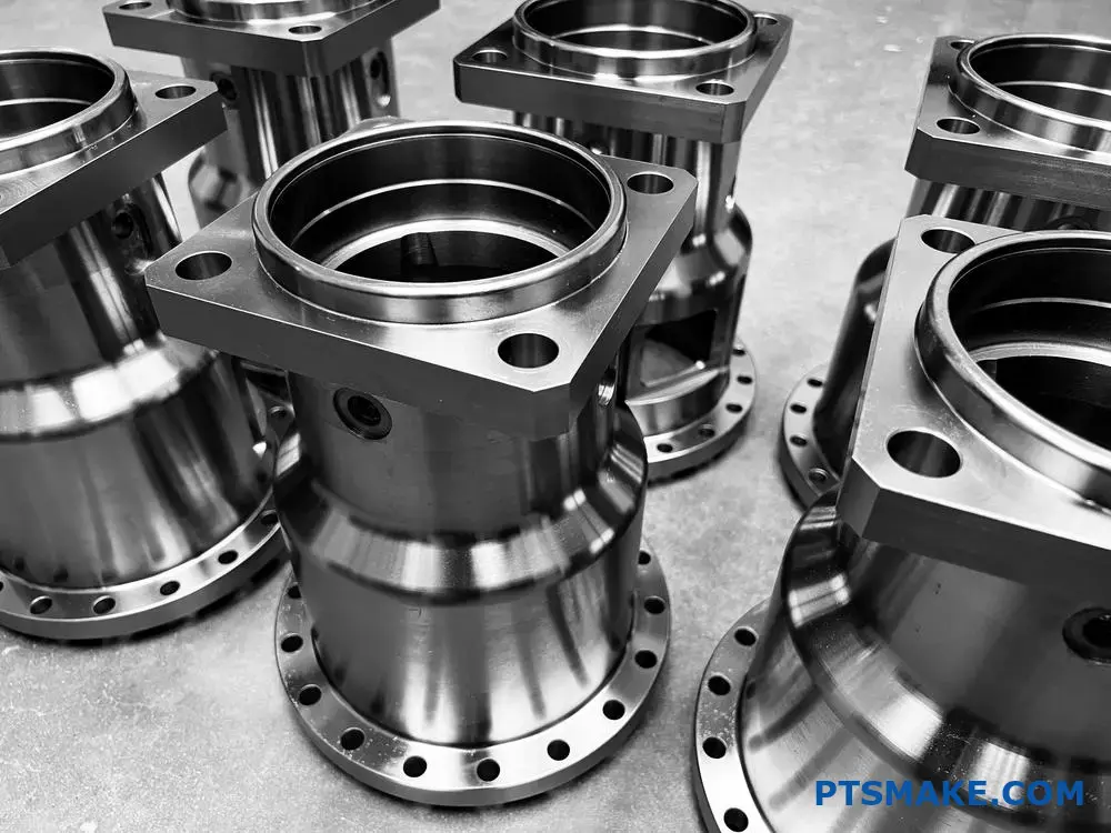 Close-up of high-quality CNC machined metal components arranged together