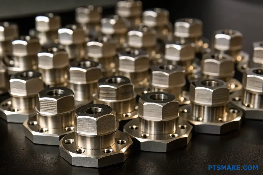 Multiple precision CNC machined metal components arranged on a surface