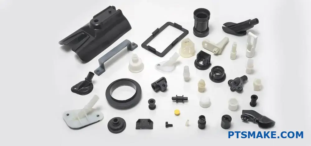 En række sorte og hvide plastikkomponenter lagt ud på en overflade.