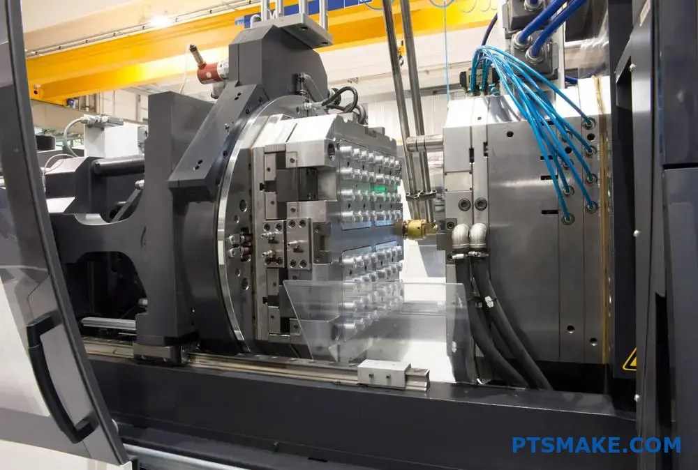 View of a high-tech injection molding machine in operation.