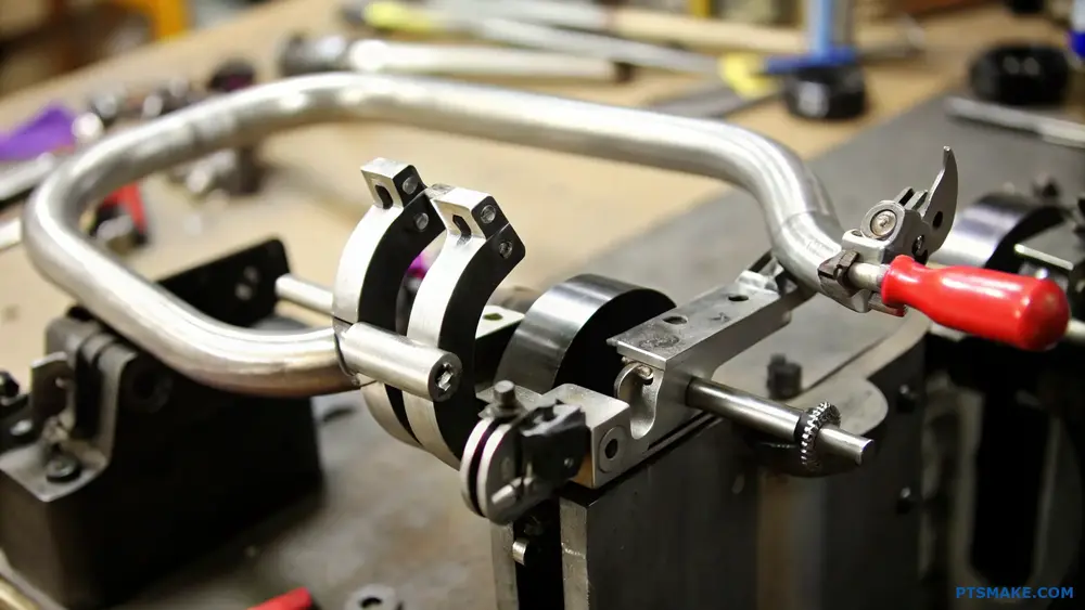 Metal tube being bent using a precision clamping tool in a workshop