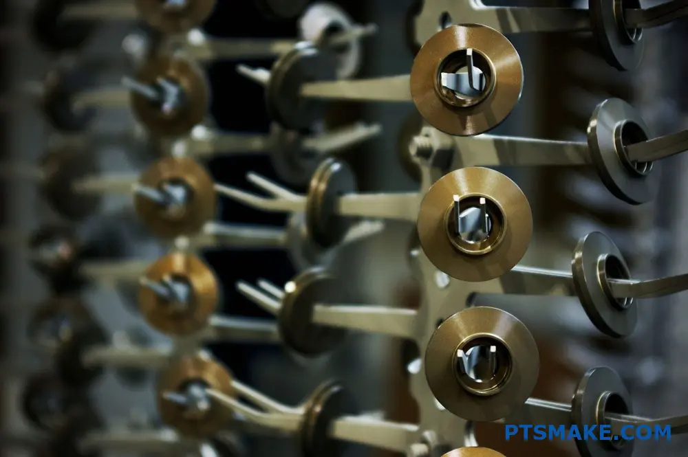 Close-up of precision machined components arranged neatly.