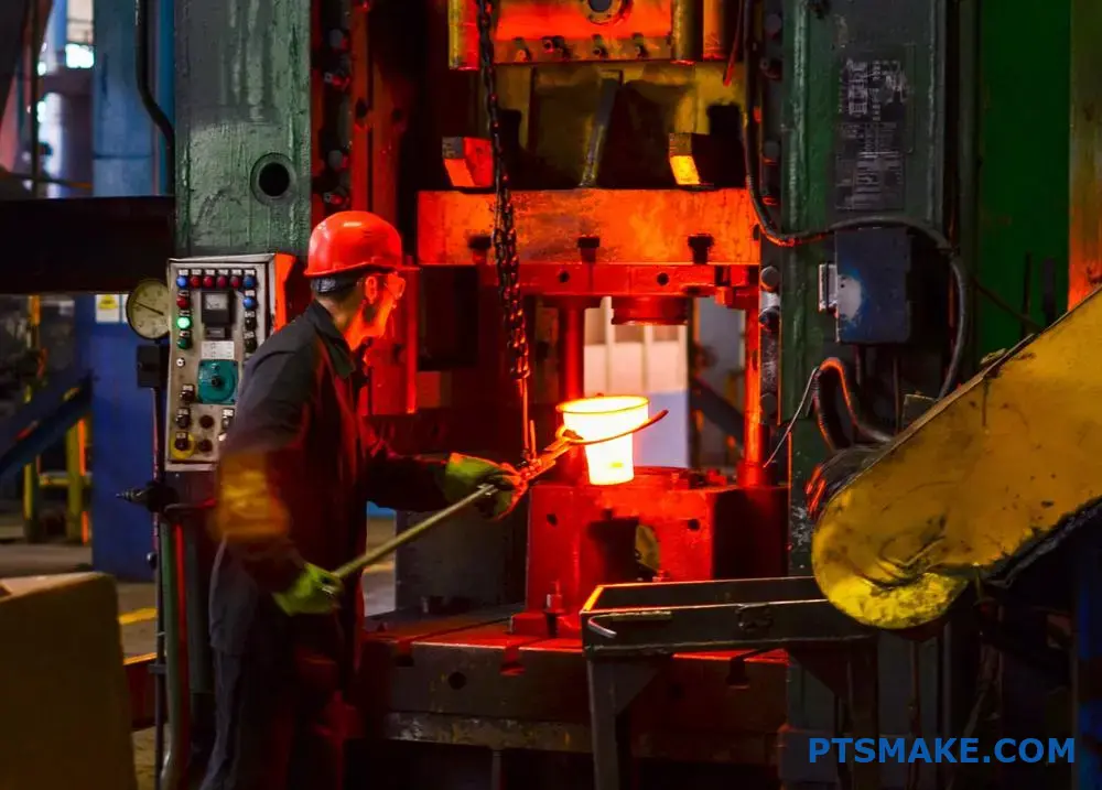 Worker operating a hydraulic press with molten metal.