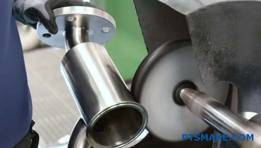 Worker holding a polished metal component during machining