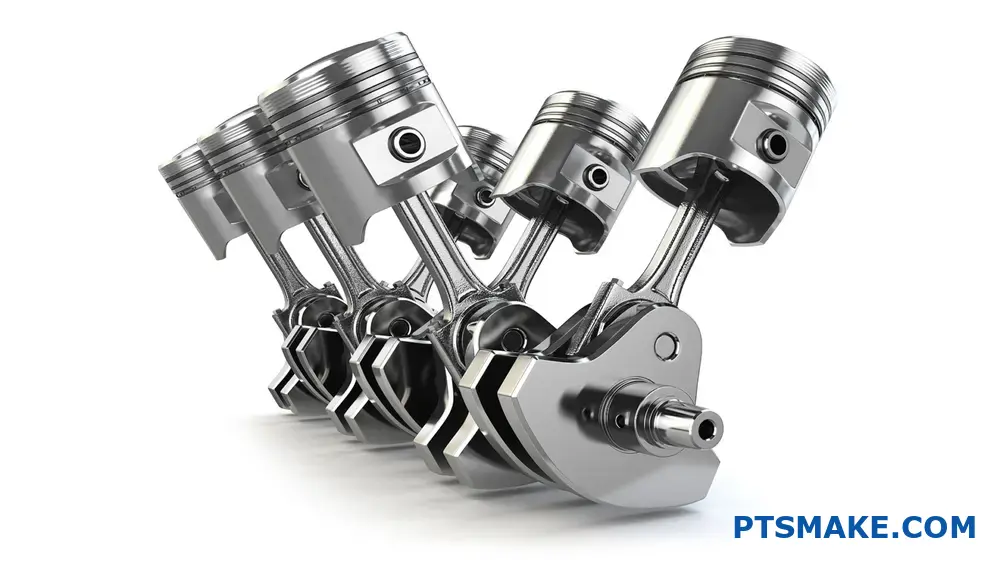 En række metalliske motorstempler arrangeret i en række