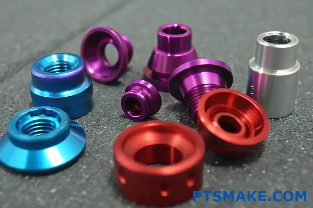 Anodiserede CNC-bearbejdede metalkomponenter i forskellige farver