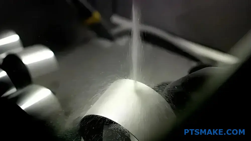 Nærbillede af CNC-maskine, der skærer i metal med kølevæskespray.