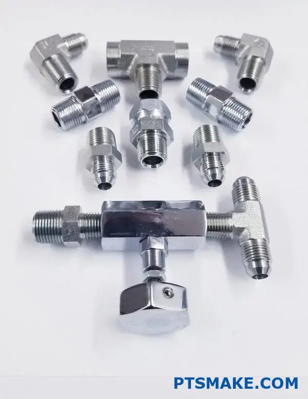 An arrangement of metal connectors and valves for industrial use
