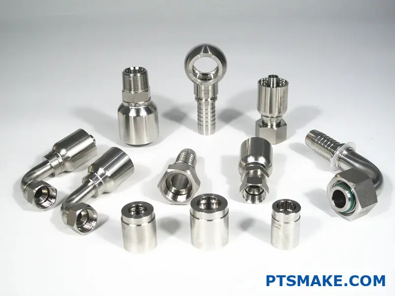 Various stainless steel fittings and connectors displayed together