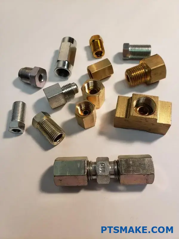 Collection of different metal fittings and connectors on a white background