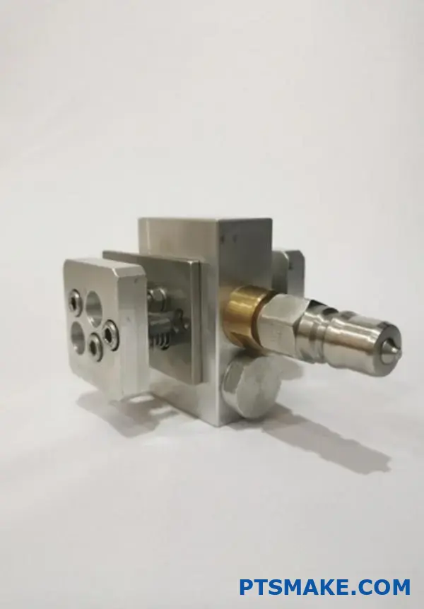 High-quality aluminum part with intricate design and valve mechanism.