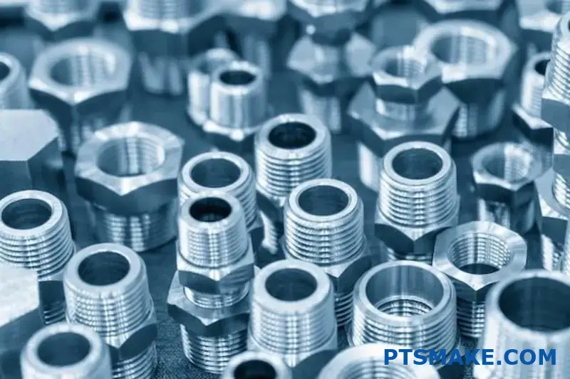 Close-up of assorted metallic nuts and fittings.