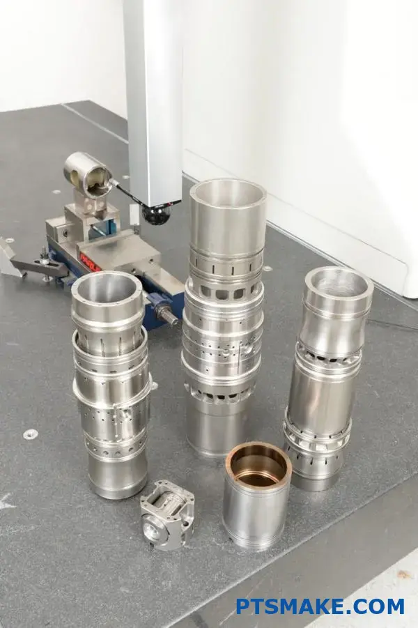 Various cylindrical metal components arranged on a work surface
