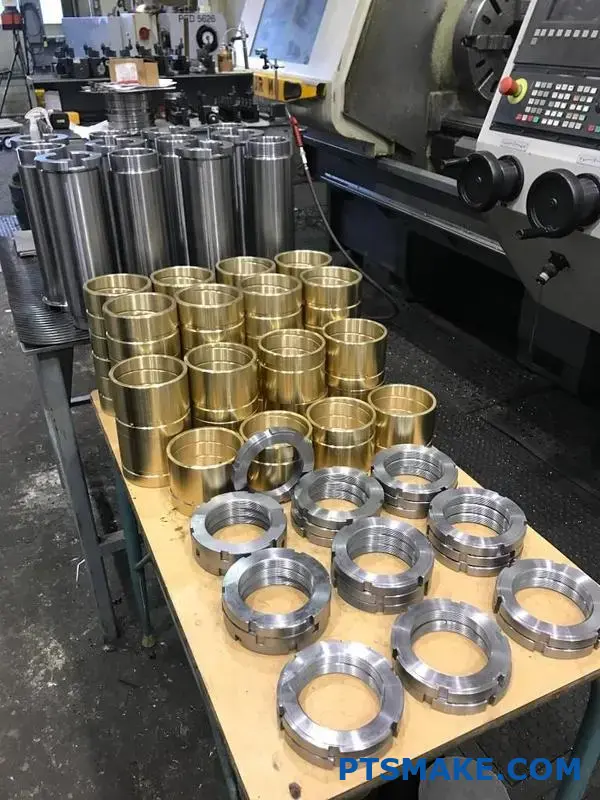 Various metal components arranged on a work table for manufacturing.