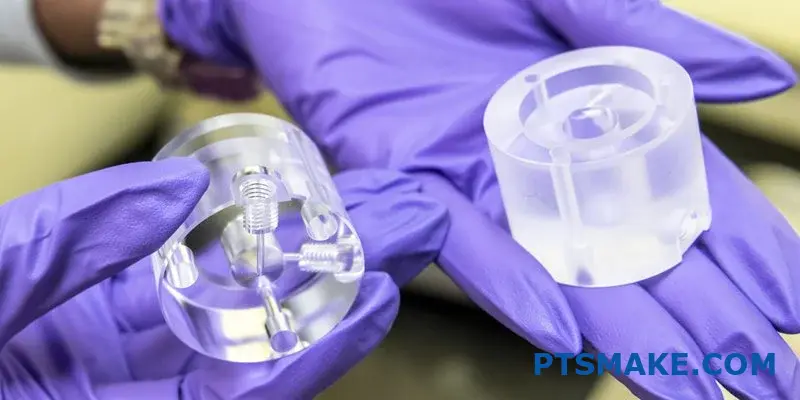 To klare plastikkomponenter, der holdes i handsker