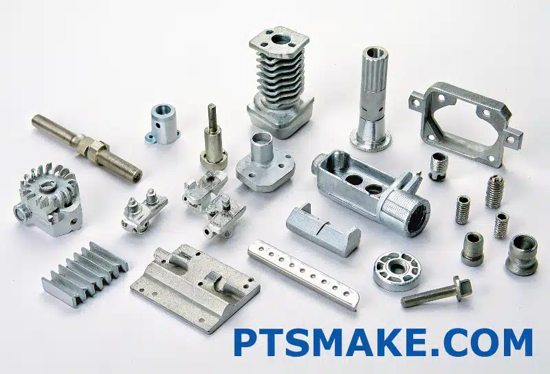 Forskellige CNC-bearbejdede metaldele med høj præcision på hvid baggrund