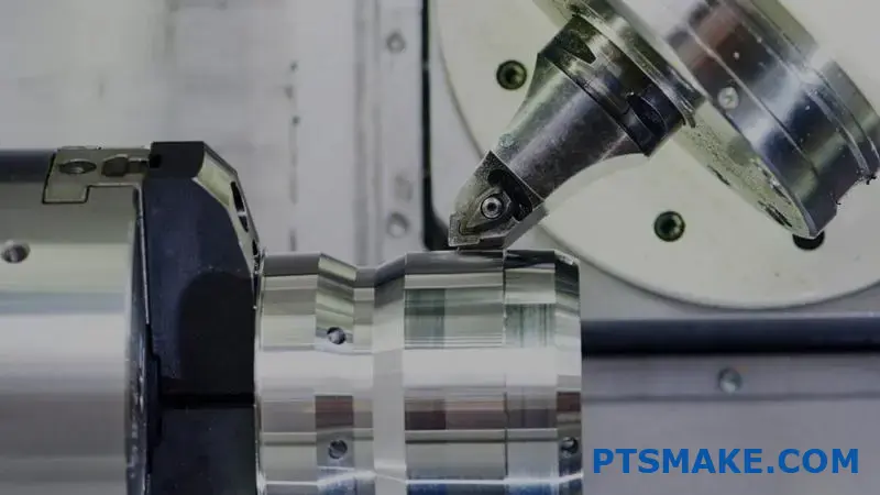 Nærbillede af CNC-drejebænk, der skærer en metaldel.