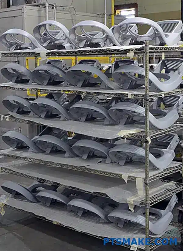 Rows of gray plastic components on storage racks in a production area.