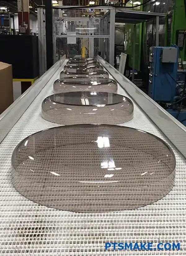 Clear plastic parts on a manufacturing conveyor belt