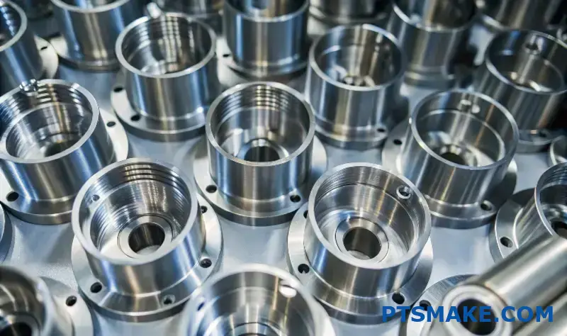 Nærbillede af forskellige CNC-bearbejdede metalkomponenter arrangeret ensartet.