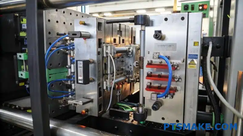 قالب حقن مفتوح مع خطوط تبريد وخطوط هيدروليكية مرفقة