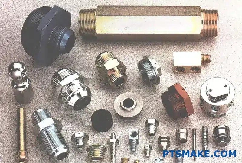 Various machined metal components displayed on a surface