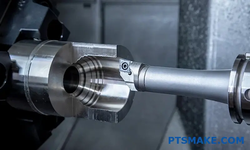 لقطة مقربة لماكينة CNC تقطع قطعة معدنية باستخدام الحاسب الآلي.