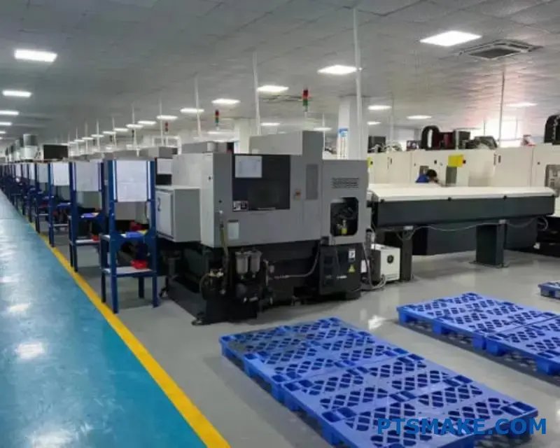 منظر لمنطقة التصنيع باستخدام الحاسب الآلي باستخدام الحاسب الآلي مع ماكينات ومنصات متعددة.