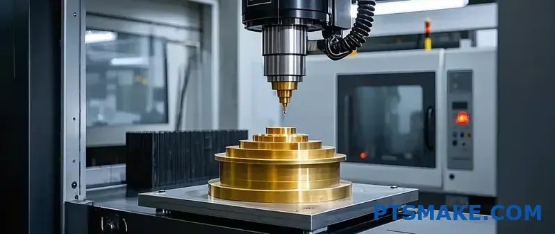 CNC machine tool operating on a precision metal part.