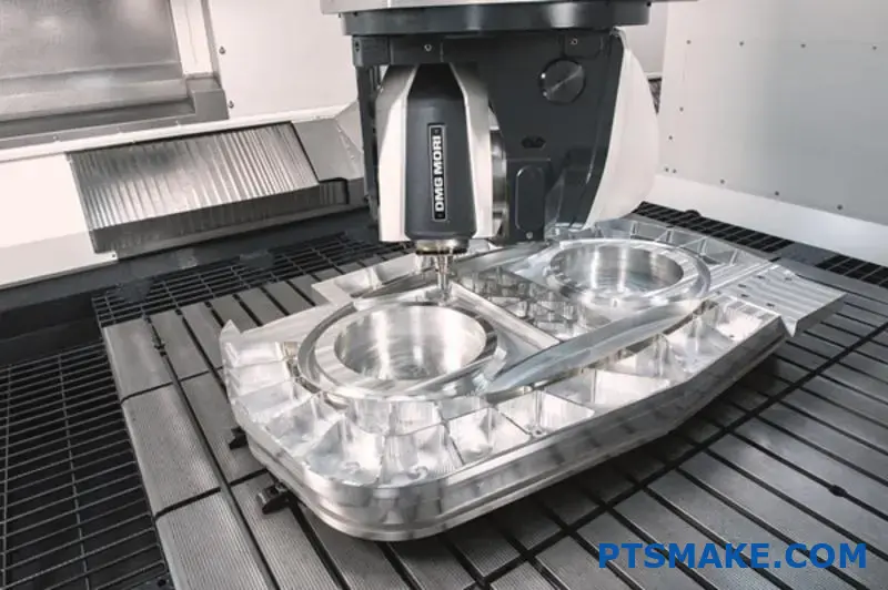 Close-up of a CNC machine cutting aluminum parts.