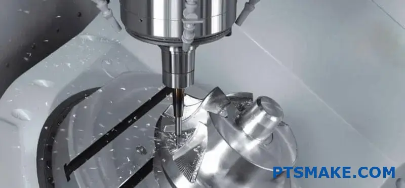 High-precision aluminum turbine blade showcasing smooth curved surfaces achieved through advanced 5-axis CNC machining technology