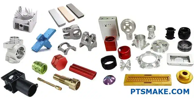Multiple aluminum components showing different anodized surface treatments and finishes on testing table