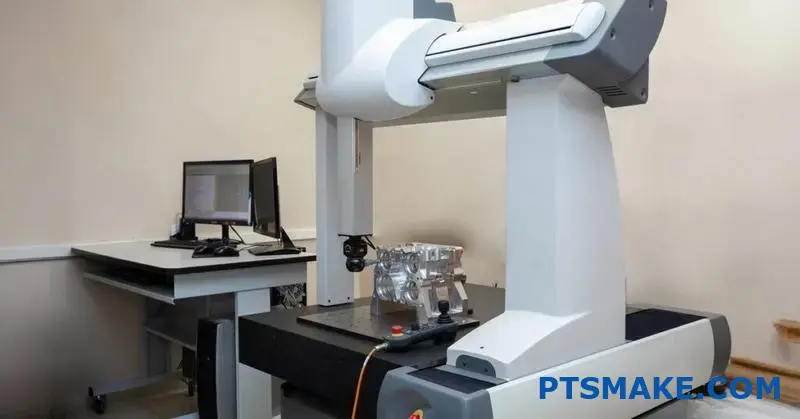 Koordinatenmessmaschine bei der Qualitätskontrolle von präzisionsgefertigten Aluminiumbauteilen für die Luft- und Raumfahrt für die CNC-Fertigung