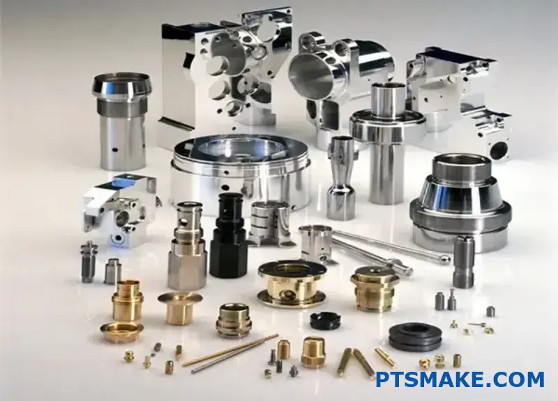 Mehrere CNC-gefräste Metallteile aus Aluminium, Stahl und Titan mit präzisen Fertigungsdetails