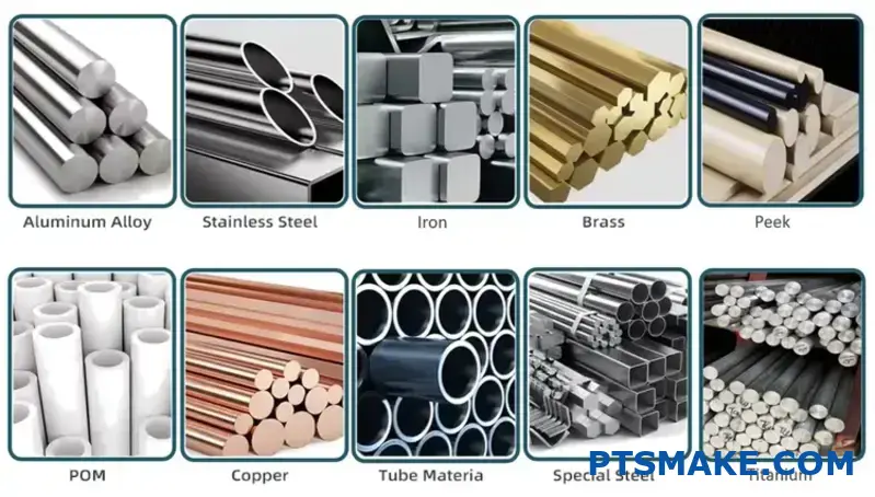 Mehrere Materialproben, darunter Metalle und Kunststoffe, zeigen die Vielseitigkeit und die Möglichkeiten der Präzisionsbearbeitung