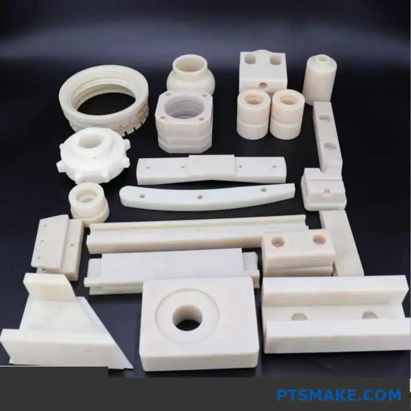 مجموعة من القطع البلاستيكية المصبوبة حسب الطلب مرتبة على خلفية سوداء.