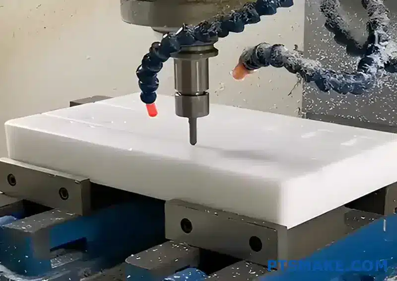 Macchina CNC di precisione che taglia un blocco di materiale bianco