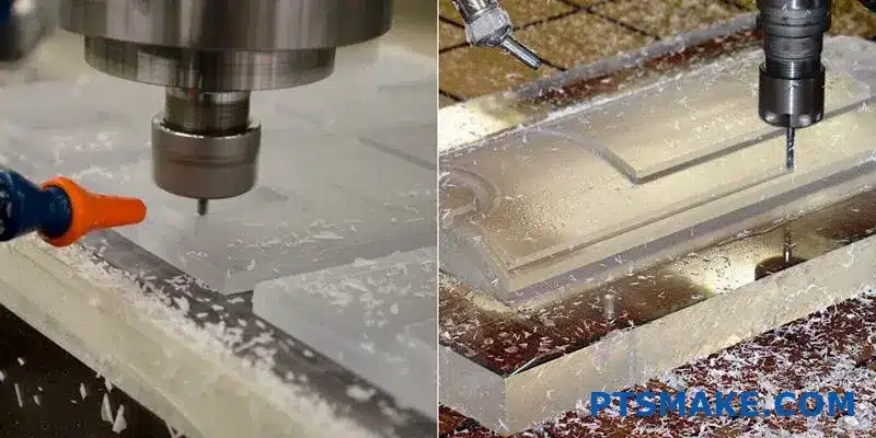 تفريز دقيق باستخدام الحاسب الآلي أثناء العمل، مع عرض تفاصيل التصنيع الآلي.