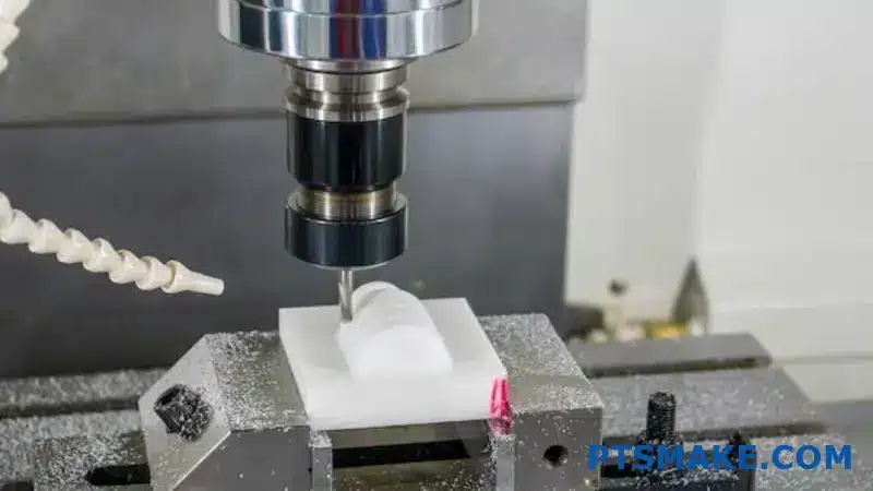 ماكينة التحكم الرقمي باستخدام الحاسب الآلي تقطع قطعة عمل بلاستيكية بأدوات دقيقة